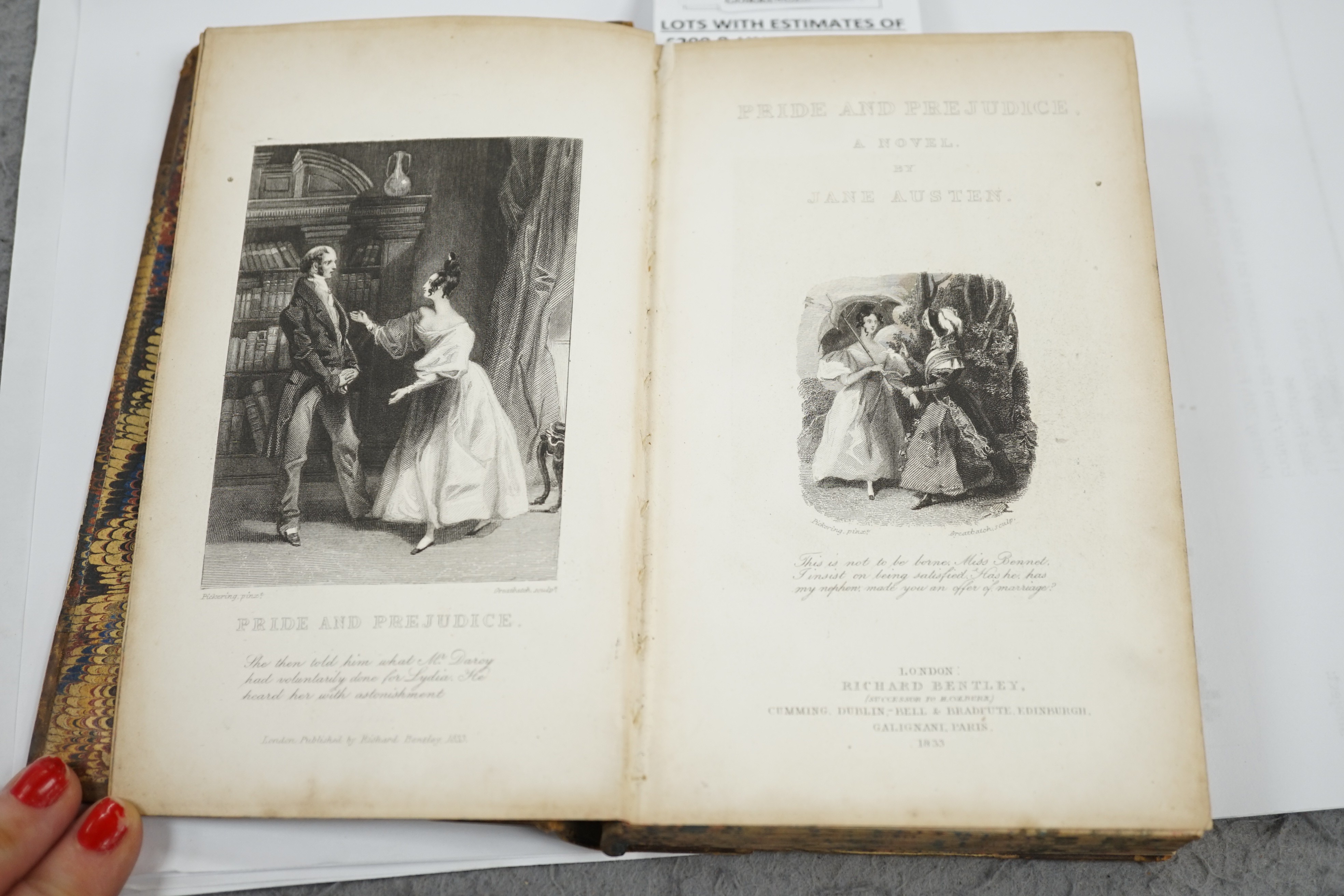 Austen, Jane - Pride and Prejudice. A Novel. First Collected Edition. pictorial engraved and printed titles, frontis; mid 19th century half calf and marbled boards, panelled spine with black label